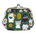 Japanese Lucky Cat Gusseted Clasp Pouch L11.5cm Green 05313