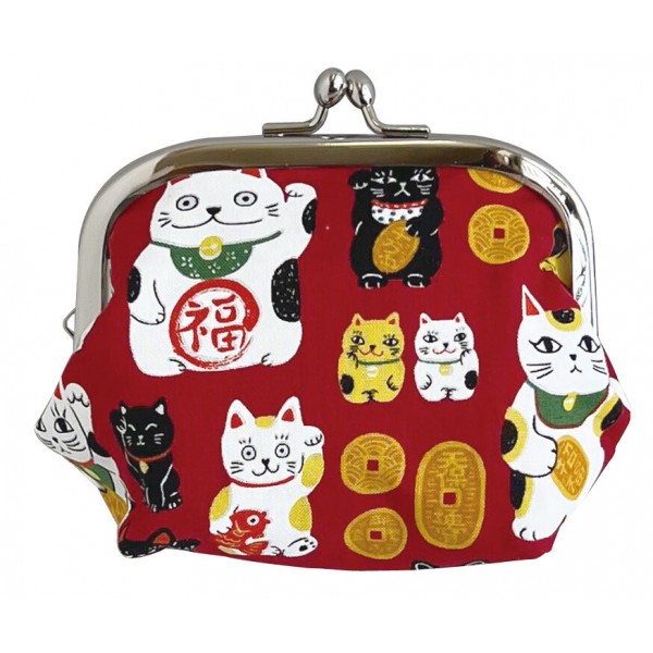 Japanese Lucky Cat Gusseted Clasp Pouch L11.5cm Red 05314
