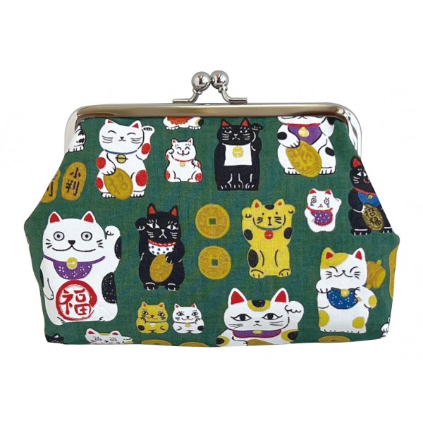 Japanese Lucky Cat Gusseted Clasp Pouch L15cm Green 05316