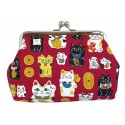 Japanese Lucky Cat Gusseted Clasp Pouch L15cm Red 05317