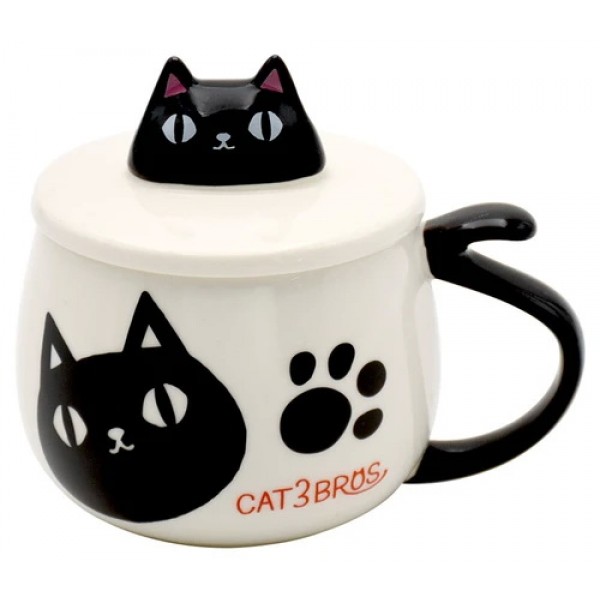 Japanese Neko Sankyodai Porcelain Cat Mug Ceramic Cup With Lid Coffee Mug kuro