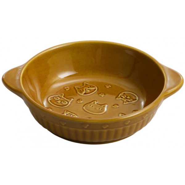 Japanese Neko Sankyodai Cat Face in Relief Bowl Ceramic Dish Brown