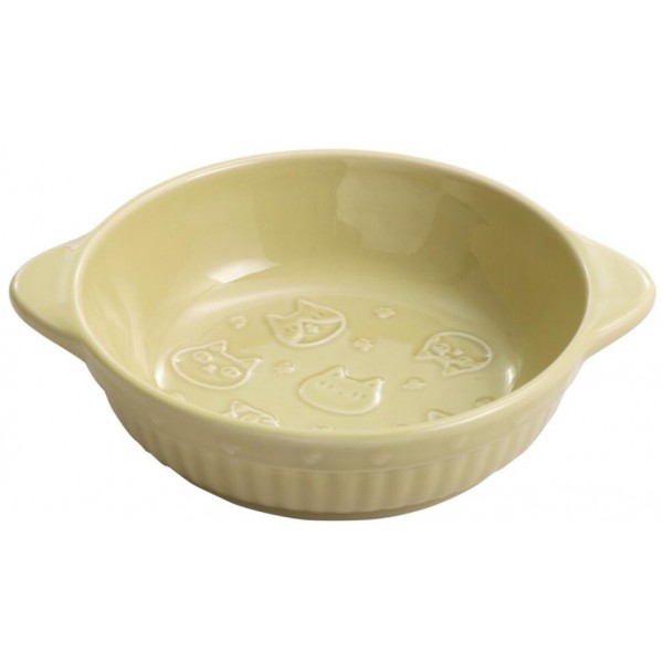Japanese Neko Sankyodai Cat Face in Relief Bowl Ceramic Dish Beige