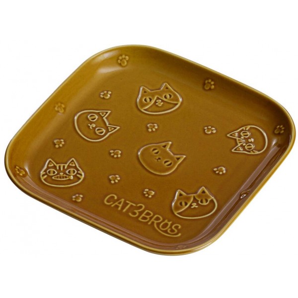 Japanese Neko Sankyodai Cat Face in Relief Plate Ceramic Square Plate Brown
