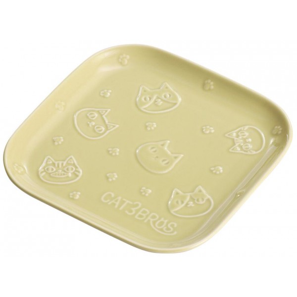 Japanese Neko Sankyodai Cat Face in Relief Plate Ceramic Square Plate Bege