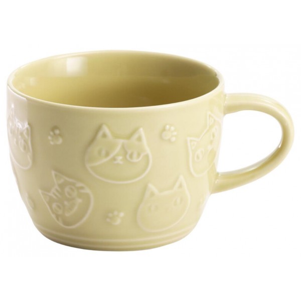 Japanese Neko Sankyodai Cat Face in Relief Mug Ceramic Cup Coffee Mug Beige