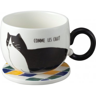 Japanese Black Cat Pottery Coffee Mug With Lid (coaster) Ceramic Cup 05724