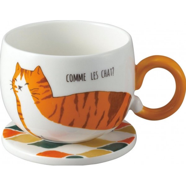 Japanese Ginger Cat Pottery Coffee Mug With Lid (coaster) Ceramic Cup 05723