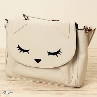 Japanese Vintage Cat Face Leather Handbag 2 Way PU Shoulder Bag White