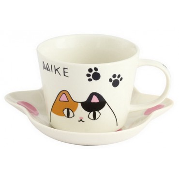 Japanese Neko Sankyodai Porcelain Cat Mug Ceramic Coffee Cup With Saucer Set